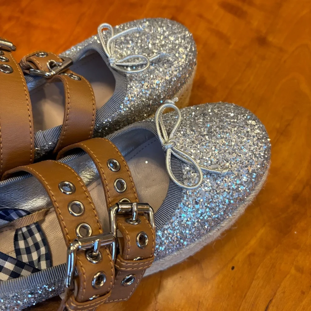 Retail $650! Miu Miu Glitter Silver Platform Espadrilles Removables Ties 40 9.5